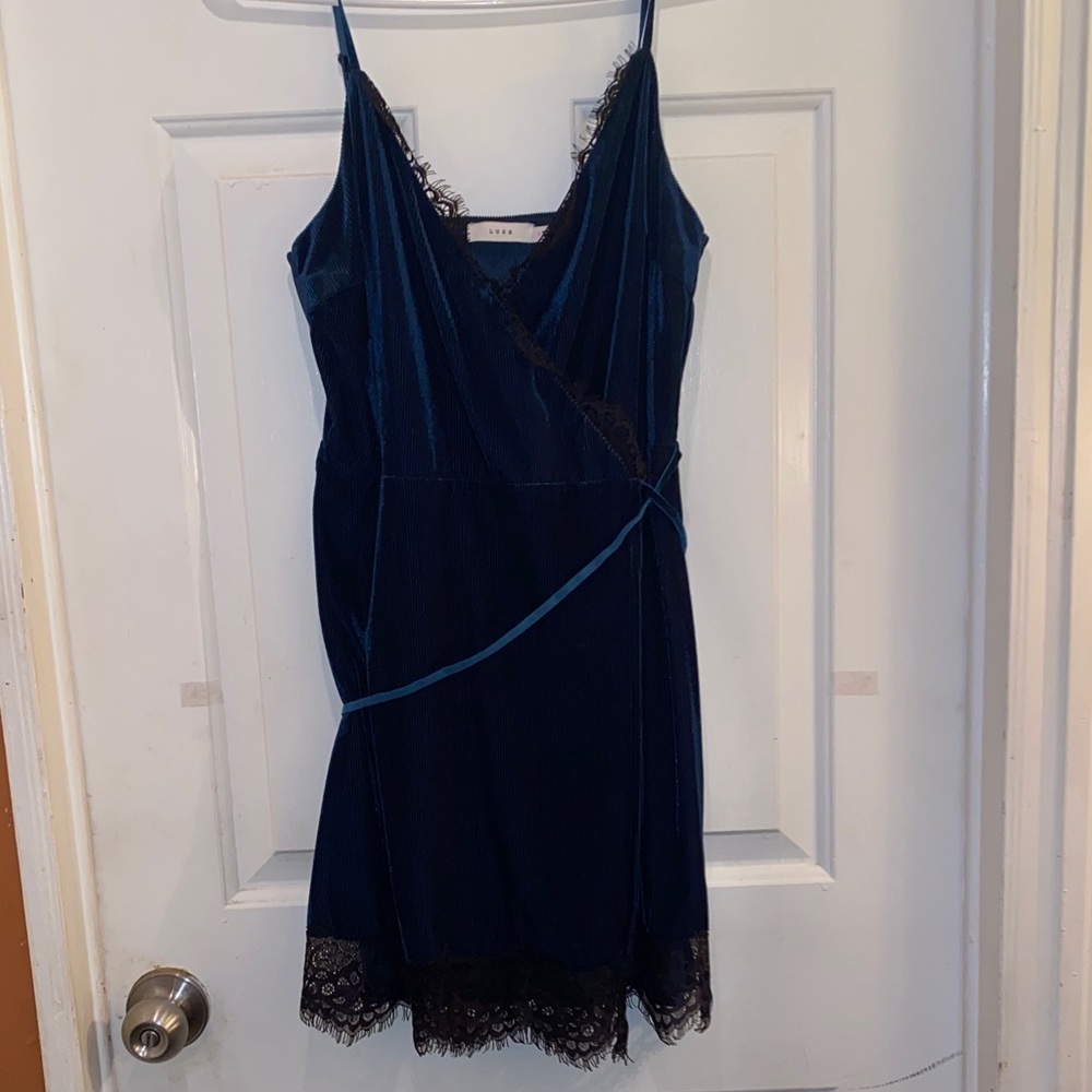 Lush Navy Mini Dress with Black Lace Trim